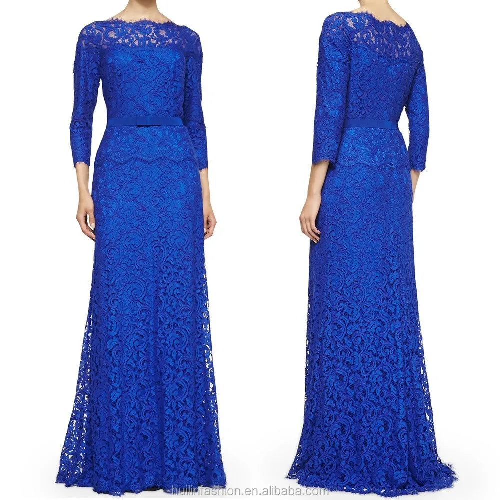 Bir çizgi gece elbisesi maxi elbise 3/4 kollu dantel kraliyet mavi uzun abiye
