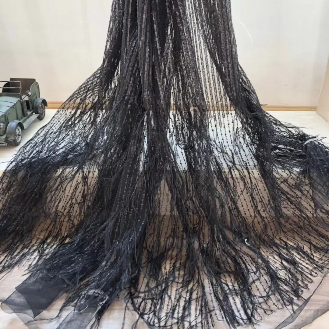 2018 New Design French Black Feather Lace With Sequins Tulle Lace