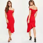High Fashion Asymmetric Frill Hem Midi Dress in Red Color