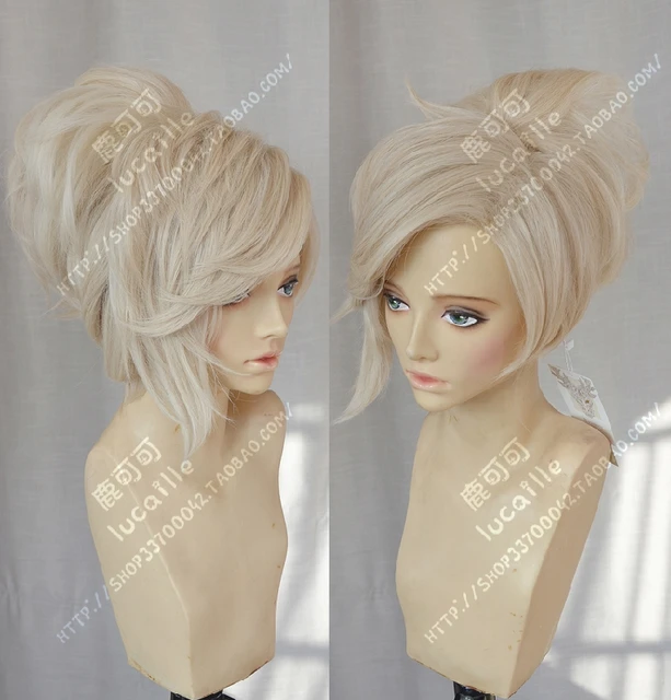 Game OW Angela Mercy Short Linen Blonde Ponytail Heat Resistant