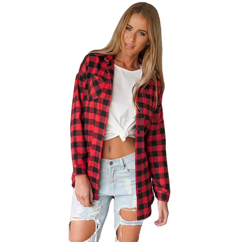 Red Plaid Print Long Blouse Feminine Plaid Shirt Casual Blusas Plus Size Women Tops Two Pockets Autumn Outwear DP660747