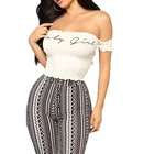 New Arrival Womens Sexy Off The Shoulder Tops Belled Short Sleeve Shirts Letter Printed Casual Tops