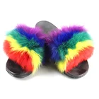 Multi Rainbow Color Fur Slides Women Sandals Fuzzy Pink Slippers