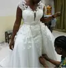 ZH3876G Vestidos African Lace Wedding Dresses With Detachable Train Handwork Cap Sleeves Sheer Neck Plus Size Bridal Gown