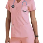 Hot sale fashionable short sleeve woven V-neck hospital medical surgical gown scrub