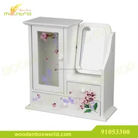 White Floral Art Jewelry Cabinet Box Wardrobe Jewellery Chest with Outer Mirror