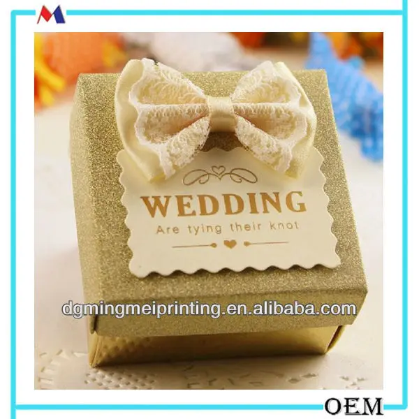 wedding favor candy box,gold wedding candy box with ivory lace