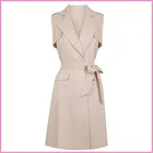 lovely longline belted sleeveless jacket,lady trench long dress coat