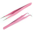 Wholesale 2PCS Set Pink Stainless Steel Curved and Straight Point Eyelash Tweezers