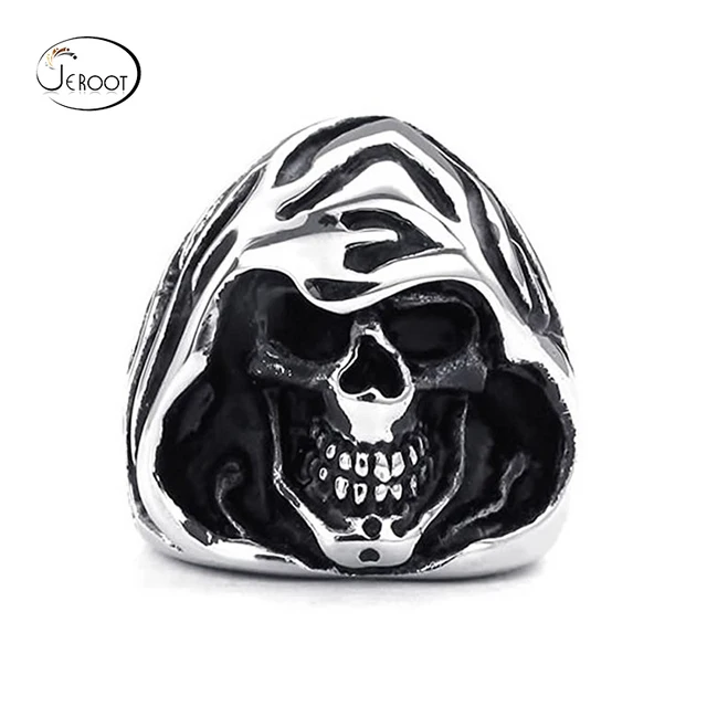 mens stainless steel gothic casted grim reaper skull black ring