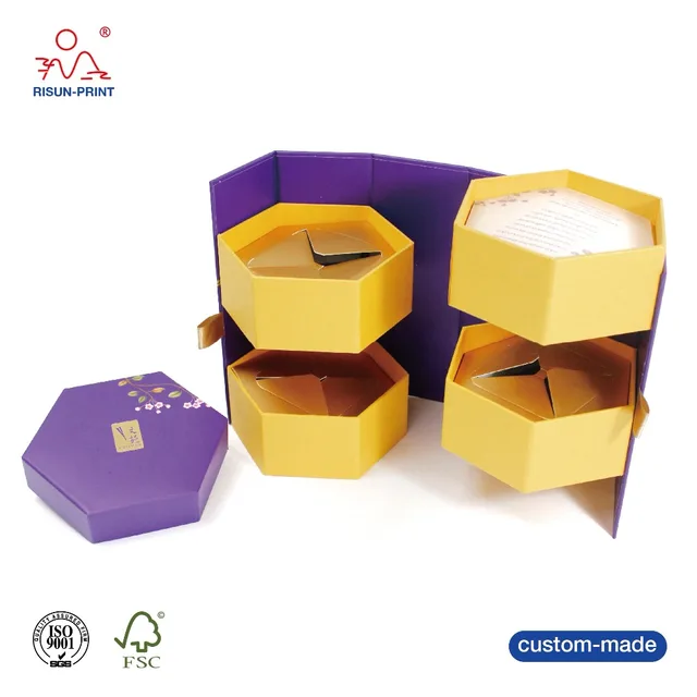 personalized purple hexagon mooncake gift box with fancy flowers