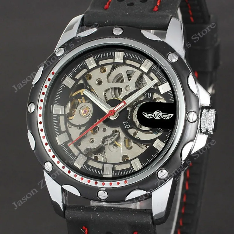 New WINNER Hollow Engraving Skeleton Casual Design Black Golden Case Rubber Strap Watches Men Luury Brand Automatic Watches