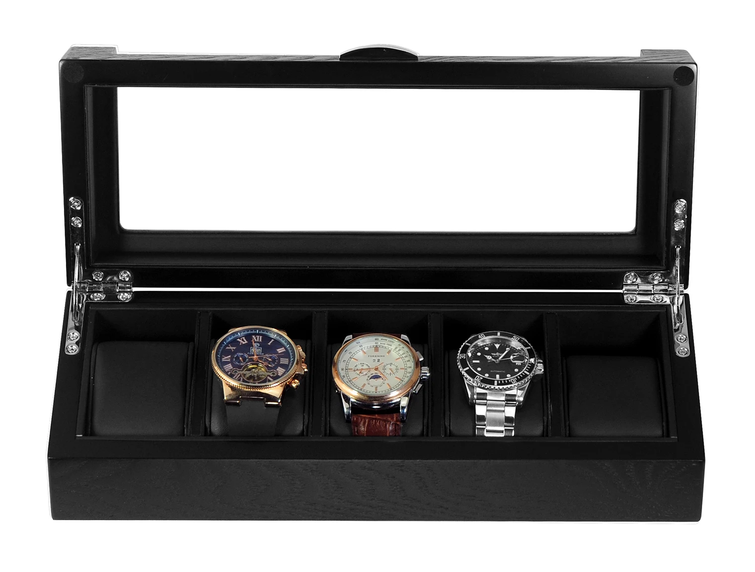 modern luxury 5 slots black wooden watch box with acrylic window