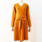New Arrival Winter Sweater Lady Pleated Skirt Big V Neck Straight Sweater Dress