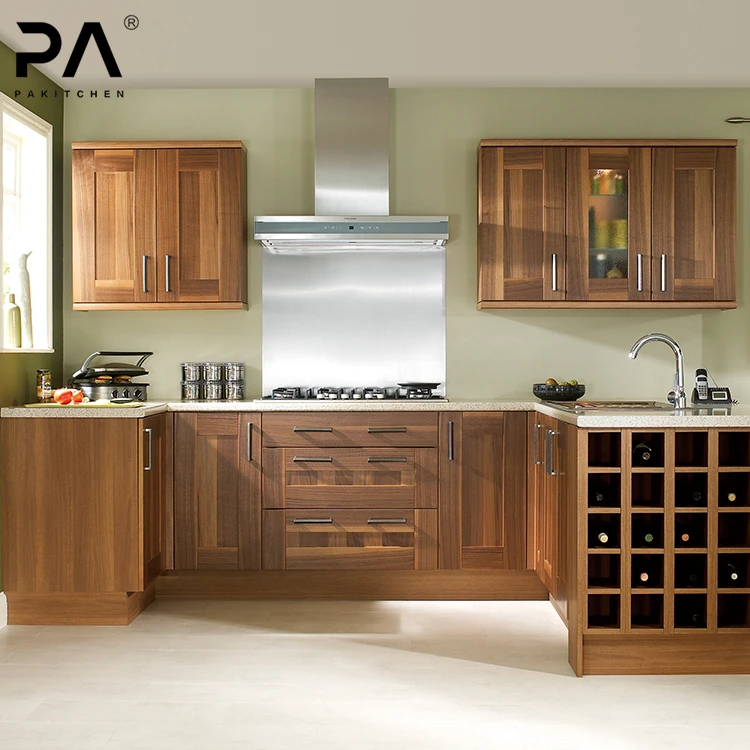 Custom U Shaped Teak Wood Kitchen Pantry Cupboards Kitchen Wall