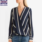 Striped crepe de chine ladies tops wrap effect front long sleeve blouses for womens