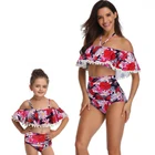 Mommy and Me Ruffle Tops Hawaiian Flowers Print Two Piece Bikini Beach Wear