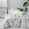 Botanical Duvet Cover Set, 100% Soft Cotton Bedding, Yellow Flowers and Green Leaves Floral Garden Pattern Printed on White (3pc
