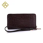RFID blocking lining minimalist travel brown full grain ostrich pattern leather long clutch wallets men's purse wallet
