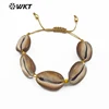 WT-B443 Wholesale Jewelry Five Natural Cowries with Golden Separating Beads in the Middle Adjustable Brown Shell Bracelets