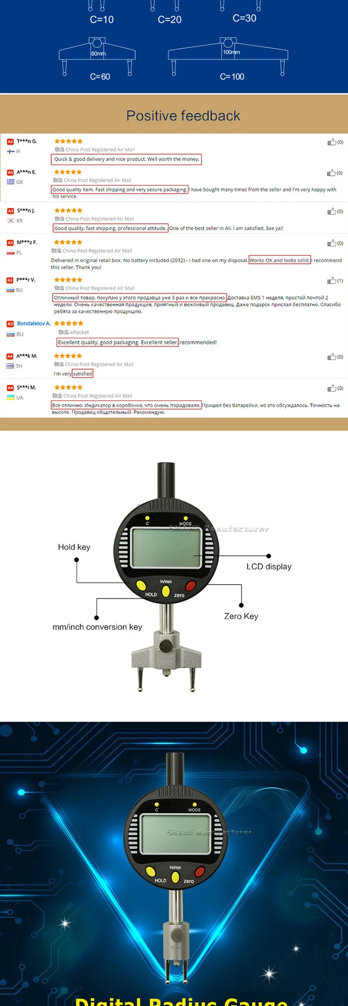 High Accuracy Digital Radius Gauge Digital Radius Indicator With 5