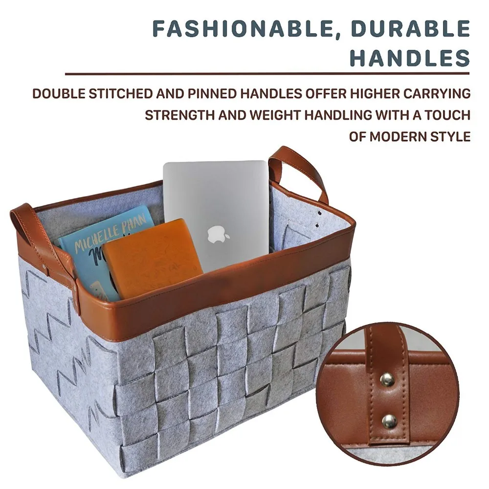 foldable felt woven storage basket with leather trim and handle