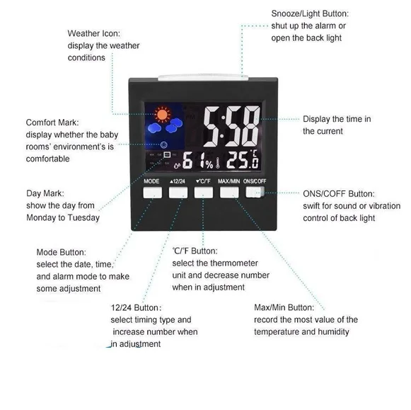 Color Digital Humidity Monitor Room Thermometer with Alarm Clock Thermometer Voice Control Backlit