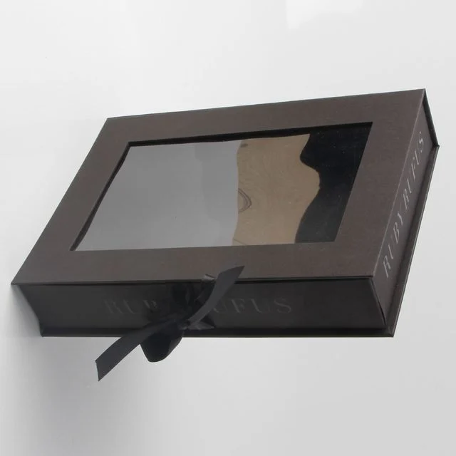 satin ribbon black paper gift box with clear pvc window
