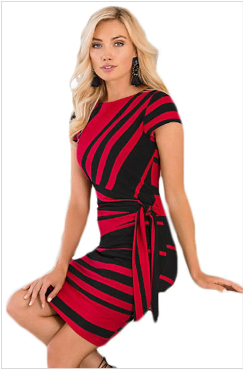 Office Slim dress women 2018 Spring Pencil Black&White Stripe Knot Sheath Party Dress Vestidos Robes Casual Working Dresses (5)