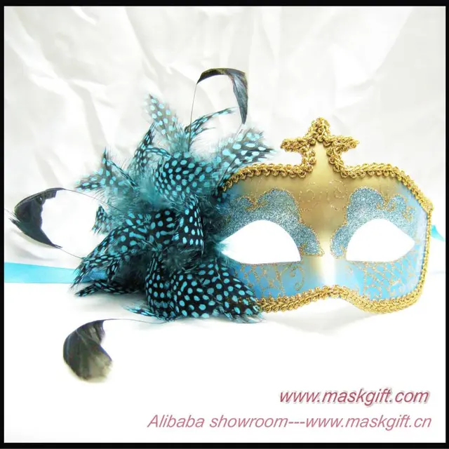 hot sell light blue/gold lady carnival mask with handmade