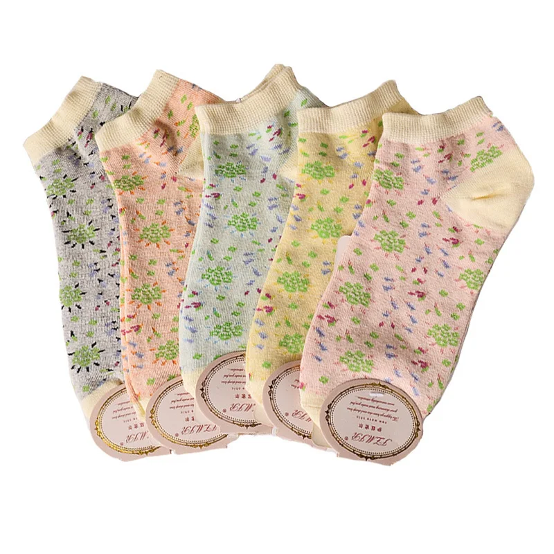 2015 New Socks Cotton Women Retro Pastoral Wind Sweet Flower Boat Socks Sport Socks Summer Good Quality 5pairs/lot