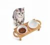 Double Ceramic Bowls Raised Food Water Feeder Elevated Bamboo Stand Wooden Pet Feeding Bowls for Cats Small Dogs