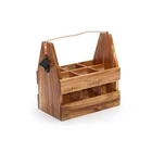 custom American style 6 packs acacia wood beer bottle holder with metal handle