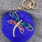 Excellent Plush Rabbit Fur Ball Keychain Lovely Dragonfly Glass Crystal Zinc Alloy Korean Fashion Car Buckle Accessories