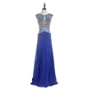 Beaded cap sleeve blue gown ladies elegant chiffon evening dresses long