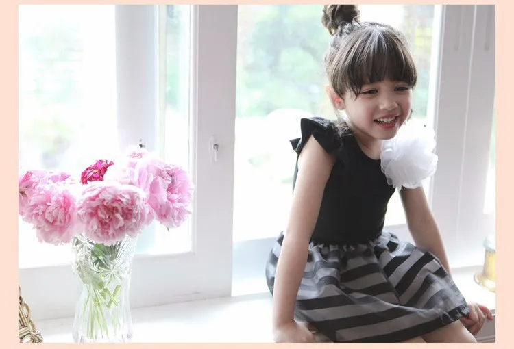 2015 summer girls dress girls cute princess stripe dress 3D flower boutique party costume children clothes dress for girl