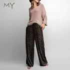 Customized ladies clothing leopard print velvet wide leg pants