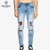 Snow Washed Denim Standard 5 Pockets Mens Skinny Ripped Jeans With Patches