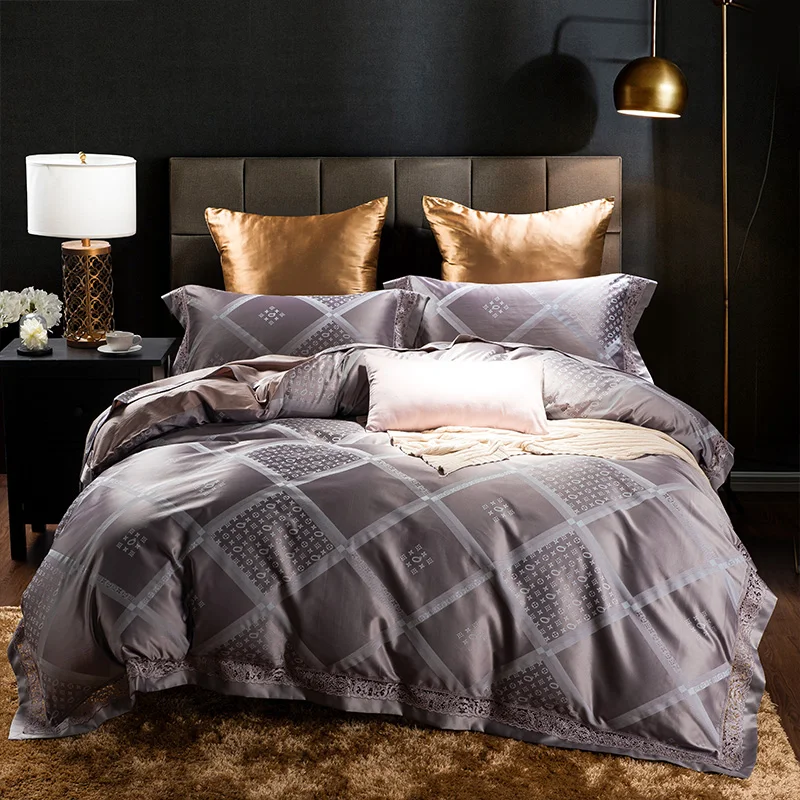 Waliicorners Tribute Silk Jacquard silver gray Luxury Royal Bedding set 4Pcs King Queen size bed sheet set Duvet cover pillow shams 6 WFG_4638