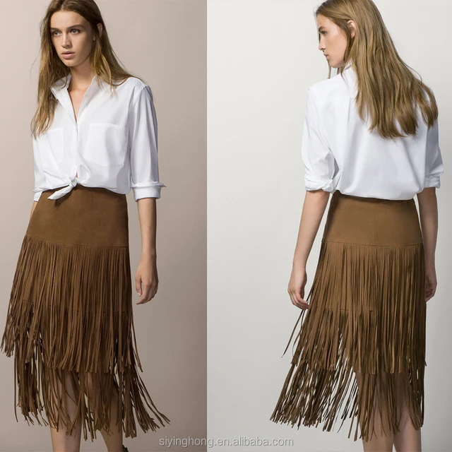 2015 fashion design woman long fringed suede tassel mini skirts