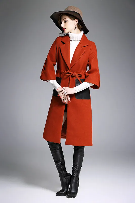 women woolen PU Pocket patchwork coat 10_