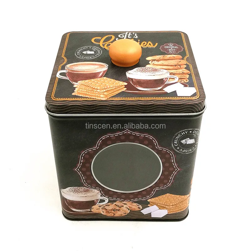 tin box with knob handle and pvc window for biscuit candy gift