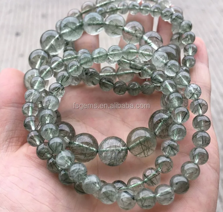 Natural Multicolor Round and Star Shaped Rutilated Quartz Bracelet Green Mineral Gemstones