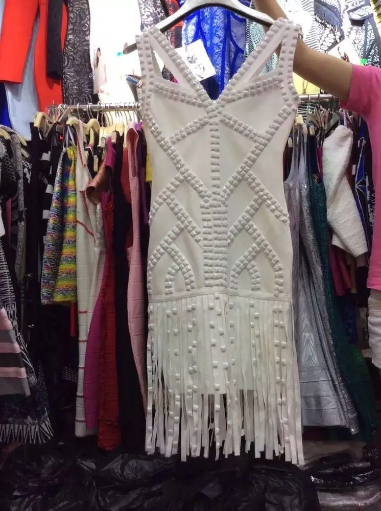 2015 High Quality HL Women's Sleeveless Rayon Studded White Bandage Dress Sey Tassel Celebrity Evening Party Prom Bodycon Dress