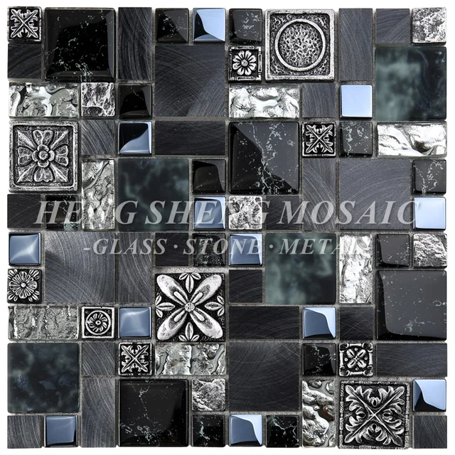 Special Roman Flower Pattern Metallic Glass Tile and Black 3D Stainless Steel Mosaic