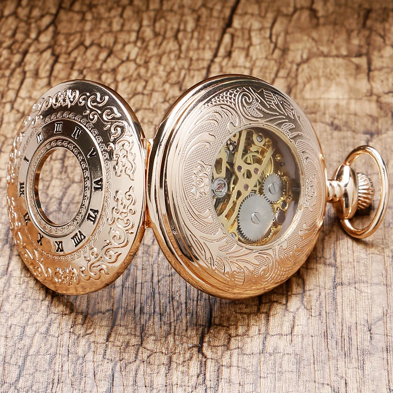 New Arrival Luxury Rose Gold Roman Numeral Hollow Case Design Skeleton Mechanical Pocket Watch 30cm Chain Creative Unisex Gifts 2017 2018 for Men Women (6)