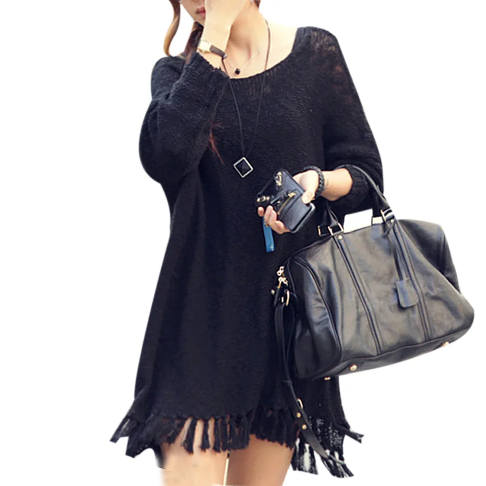 2015 New Autumn Winter Fashion Tassel Dress Women Full Sleeve Knitted Sweater Loose Vestidos Black/Beige Solid Color Hot Sale