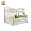 Modern white wood twin over full bunk bed with storage drawer