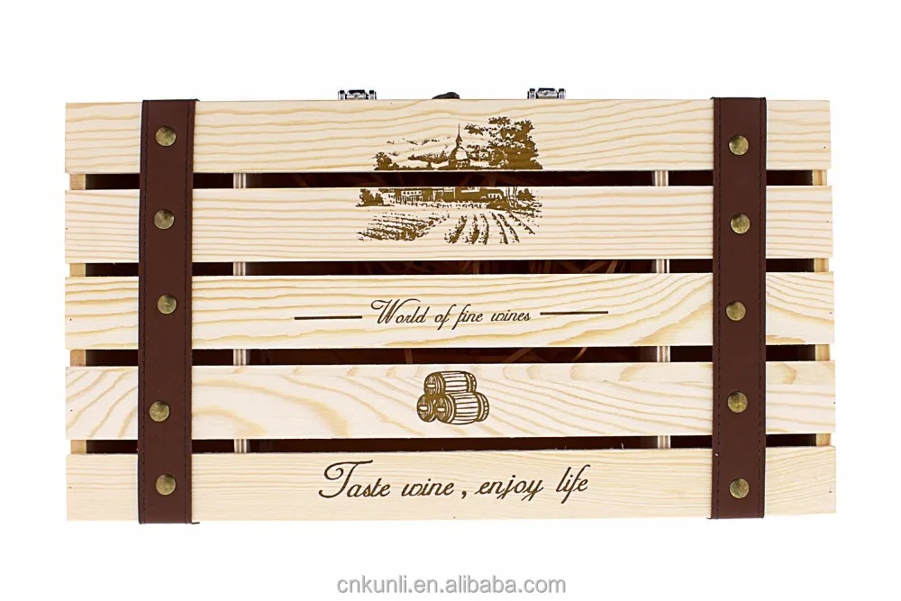 pine wood crate for two wine bottles travel storage gift box
