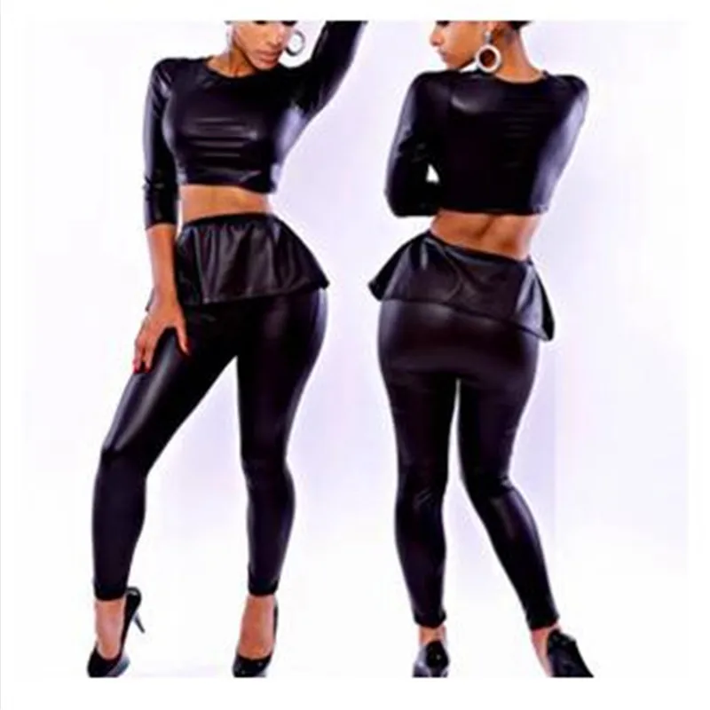 Hot arrival 2015 women clothing set fashion high quality leather 2 piece sexy O-neck tops and pant skirt womens summer sets SML